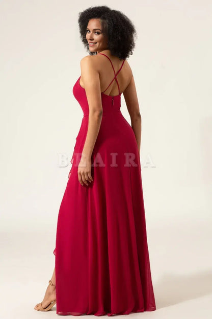 Beaira Burgundy A-Line Spaghetti Straps Long Chiffon Bridesmaid Dress with Slit Ruffles Bridesmaid dress shop