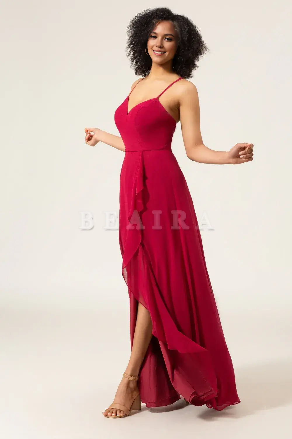 Beaira Burgundy A-Line Spaghetti Straps Long Chiffon Bridesmaid Dress with Slit Ruffles Bridesmaid dress shop