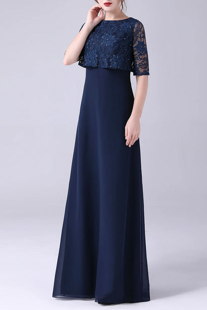 Navy Short Sleeves A-line Chiffon Floor Length Mother of the Bride Dress