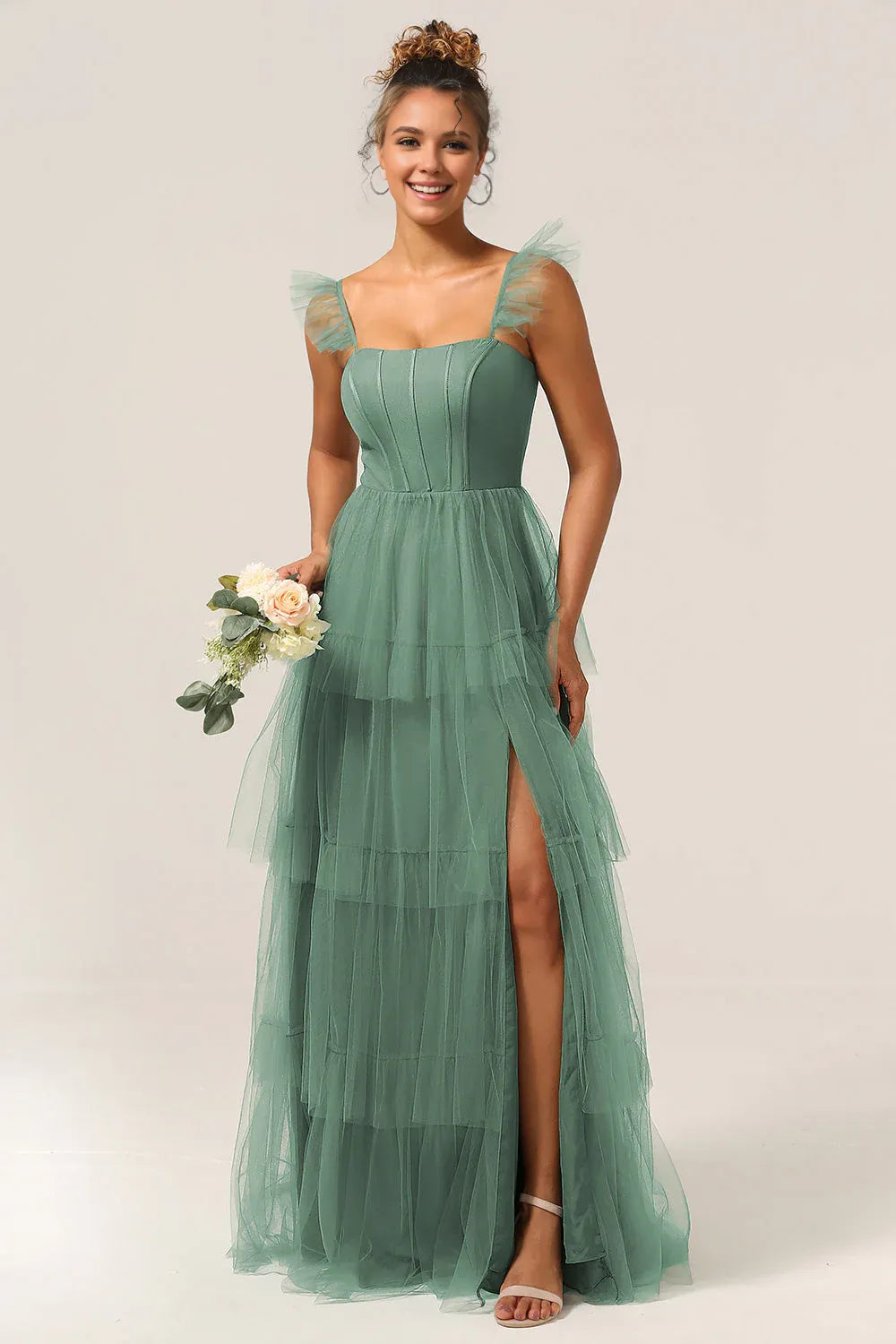 Beaira Eucalyptus A Line Spaghetti Straps Floor Length Tulle Bridesmaid Dress Bridesmaid dress shop