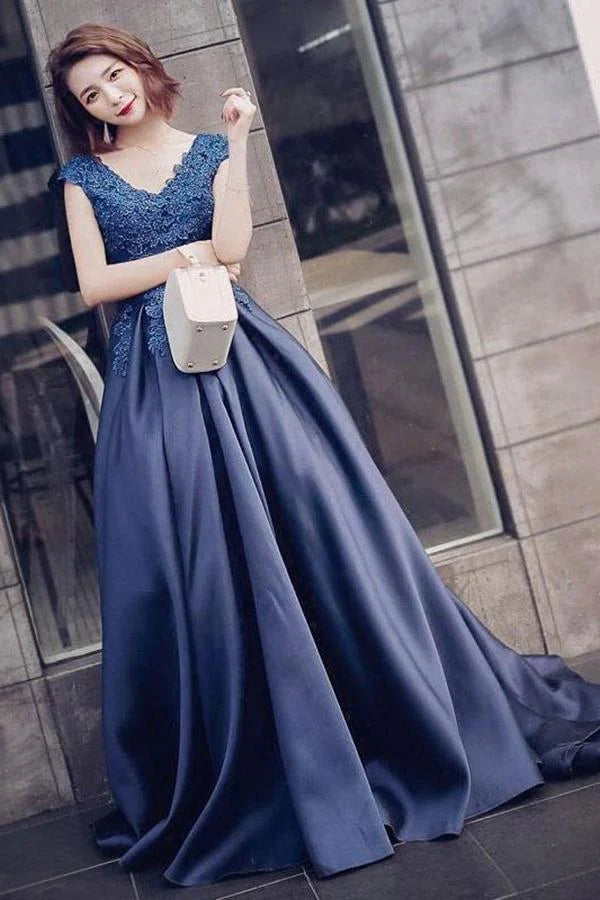 A-Line V-Neck Navy Blue Satin Cap Sleeve Prom Dresses with Lace Appliques