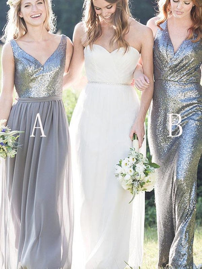 Charming A-line Spaghetti Straps V-Neck Chiffon Sleeveless Bridesmaid Dresses