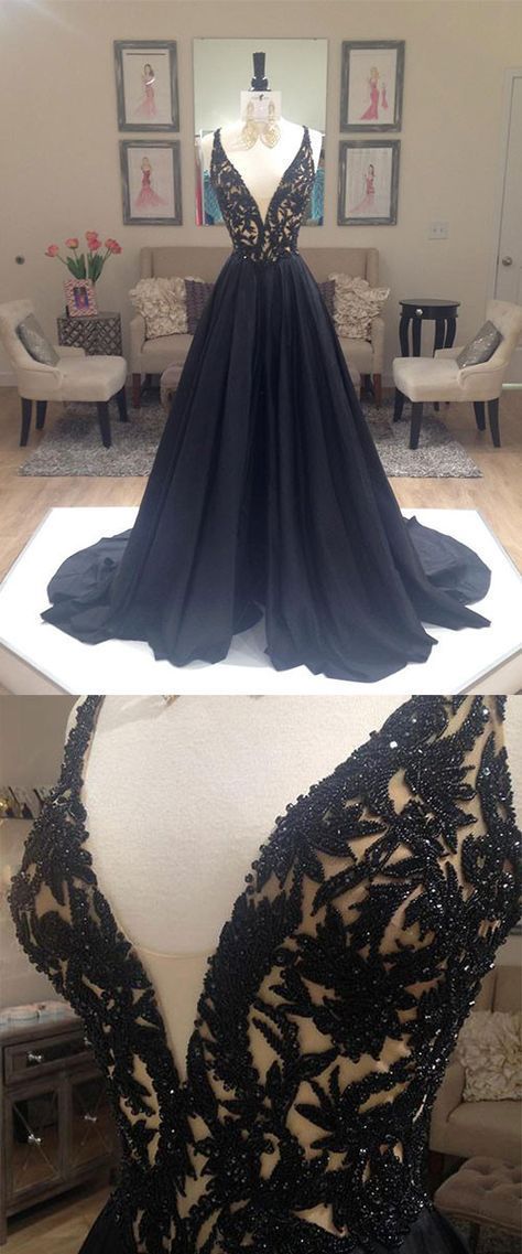 Charming Long A-Line V-Neck Black Lace Prom Dresses Party Dresses