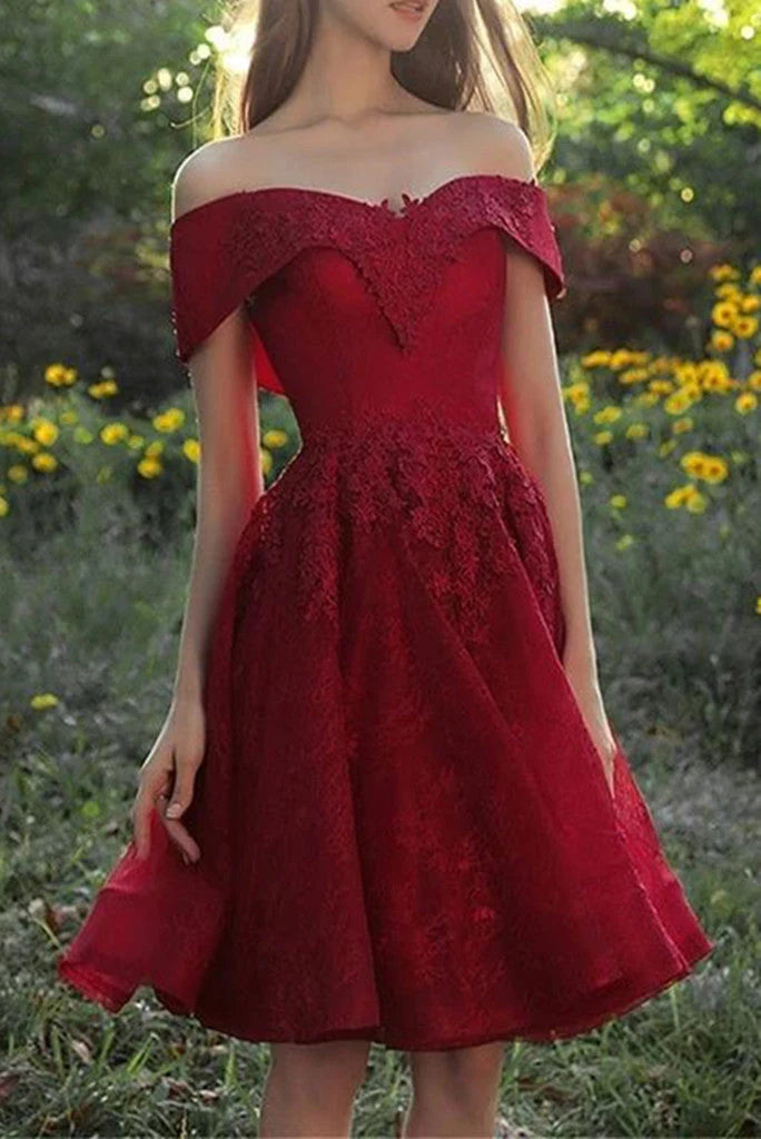 Charming Off The Shoulder Burgundy Lace Short Homecoming Dresses