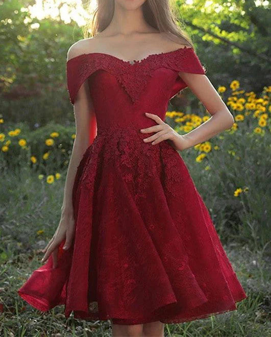 Charming Off The Shoulder Burgundy Lace Short Homecoming Dresses