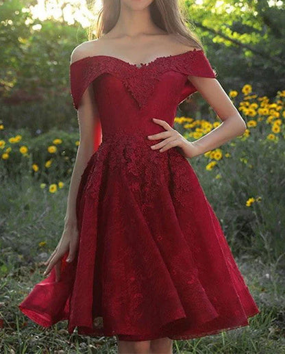 Charming Off The Shoulder Burgundy Lace Short Homecoming Dresses