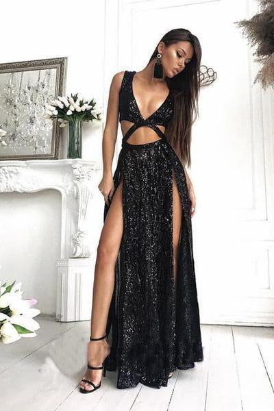 Charming Sexy Sequin Sparkly Simple Rose Gold and Black Split Fashion Prom Dresses