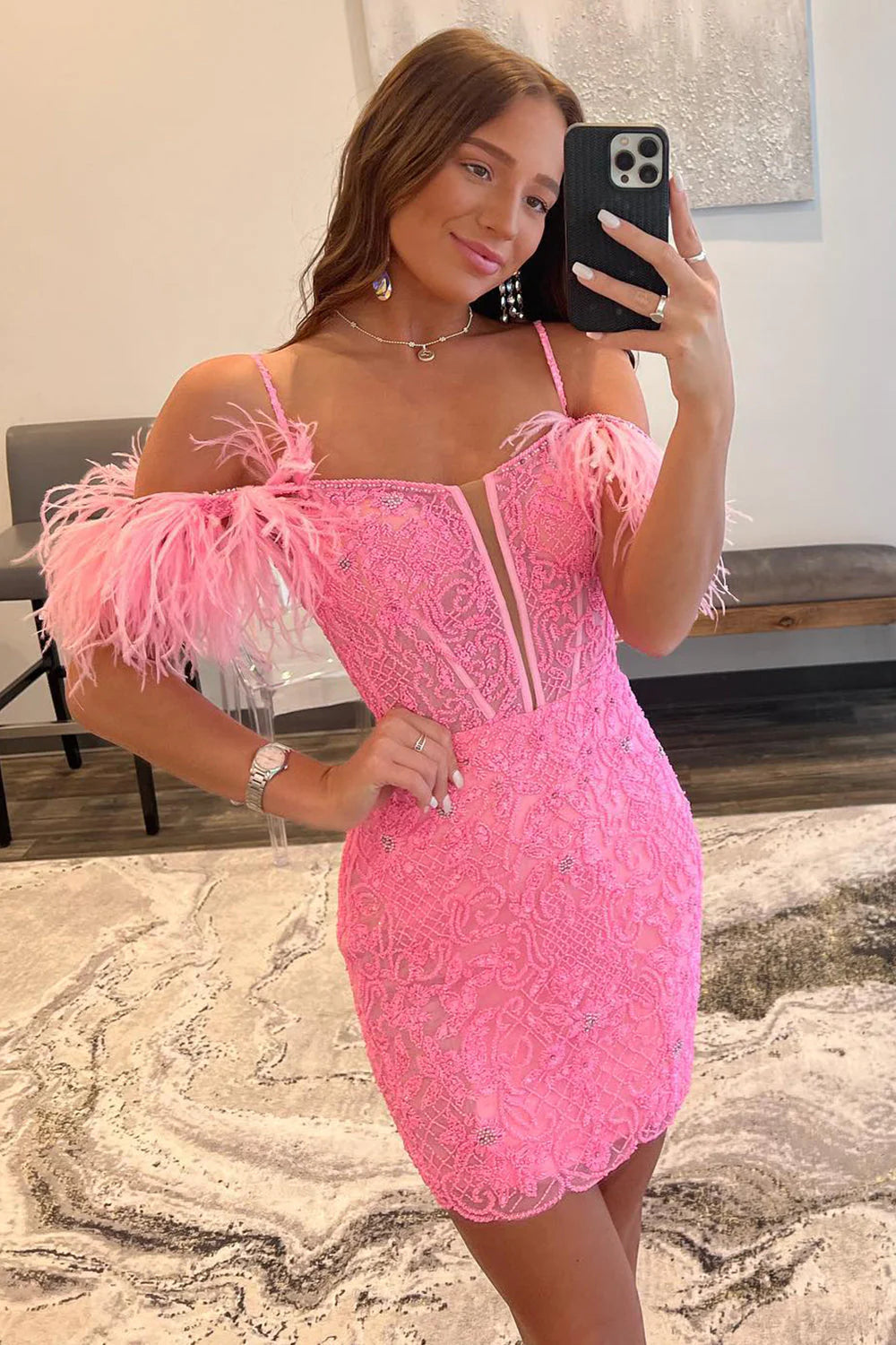 Charming Sheath Spaghetti Straps Pink Short Beaded Feather Homecoming Dresses