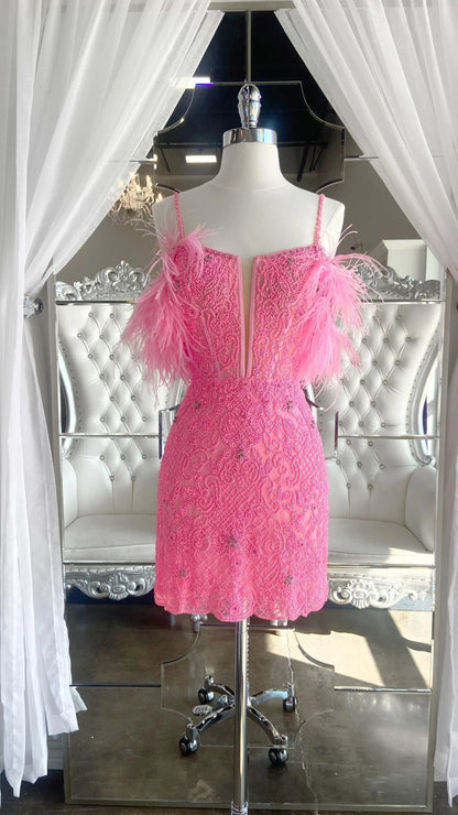 Charming Sheath Spaghetti Straps Pink Short Beaded Feather Homecoming Dresses