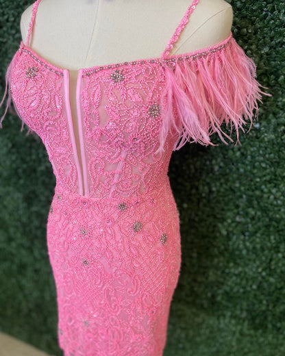 Charming Sheath Spaghetti Straps Pink Short Beaded Feather Homecoming Dresses