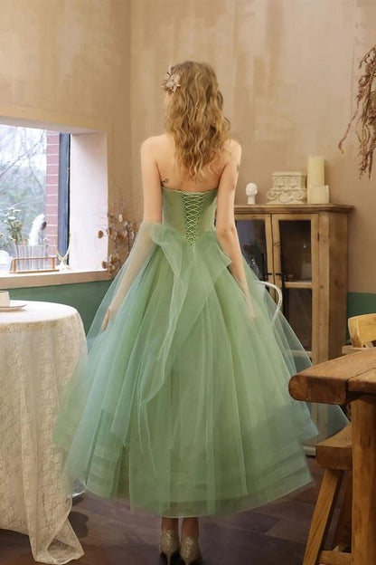 Charming Strapless Ruffles Tea Length Lace Up Tulle Homecoming Dress Short Prom Dresses