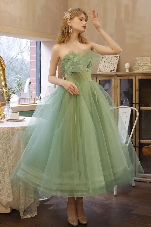 Charming Strapless Ruffles Tea Length Lace Up Tulle Homecoming Dress Short Prom Dresses