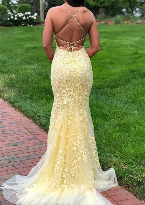 Mermaid Lace Square Spaghetti Straps Long Open Back Prom Dresses