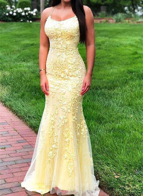 Mermaid Lace Square Spaghetti Straps Long Open Back Prom Dresses