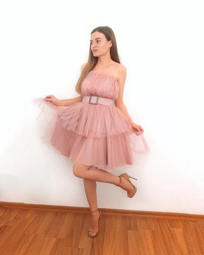 Cheap Homecoming Dress With Ruffles Strapless Tulle Cocktail Dresses