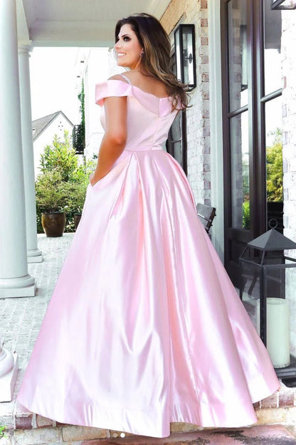 Cheap Pink Satin Off The Shoulder Long Prom Dresses