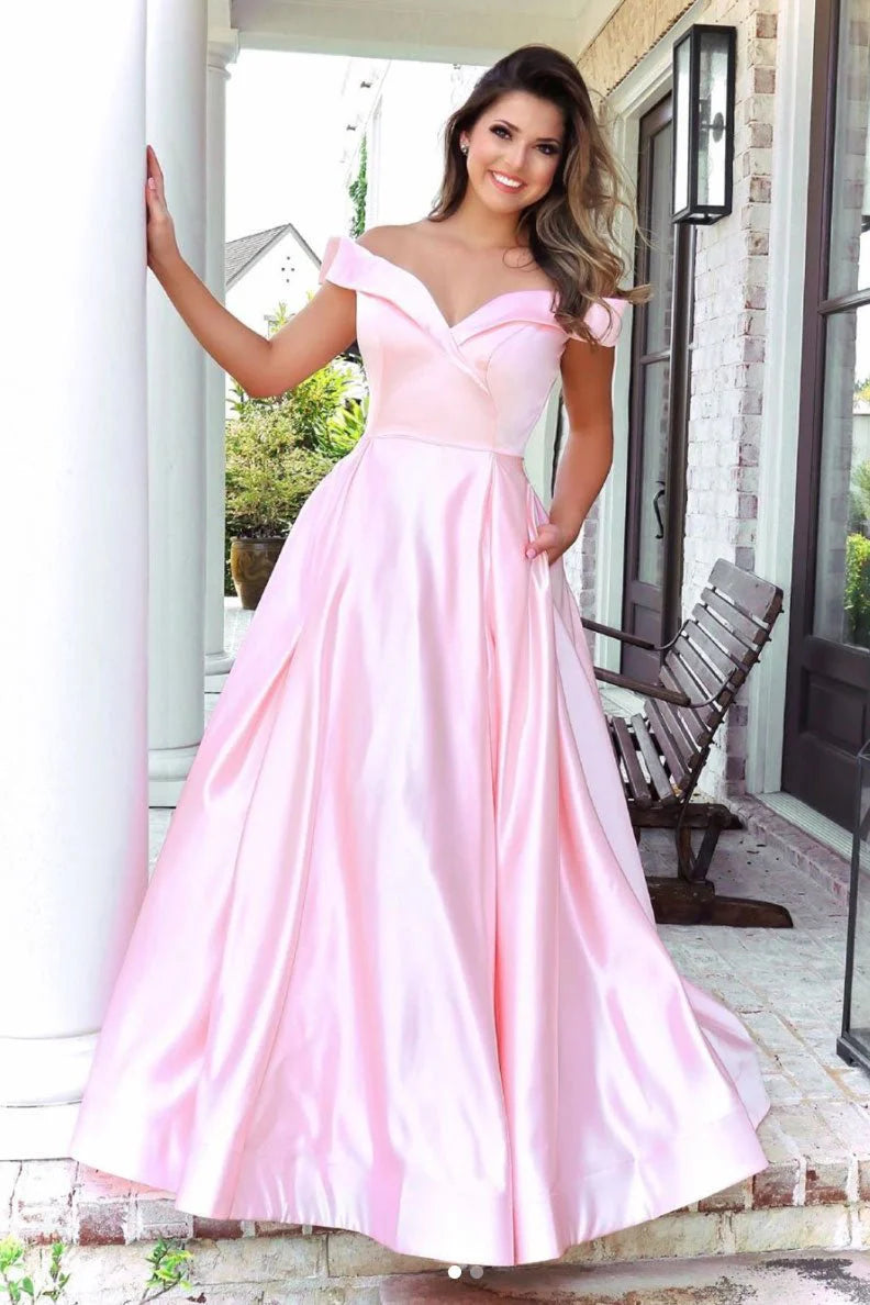 Cheap Pink Satin Off The Shoulder Long Prom Dresses