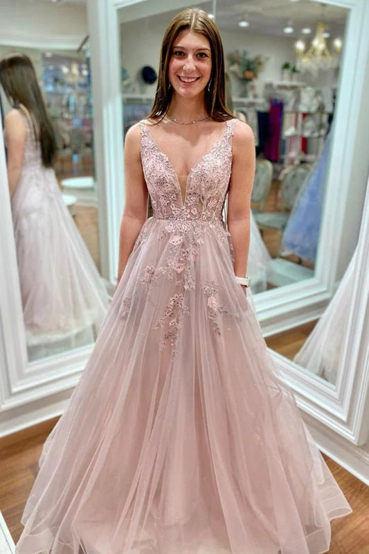 Cheap Tulle Long Prom Dresses Pink Floral V Neck Beaded Prom Dresses