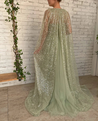 A Line Sweetheart Tulle Sage Long Slit Cape Wraps Prom Dresses