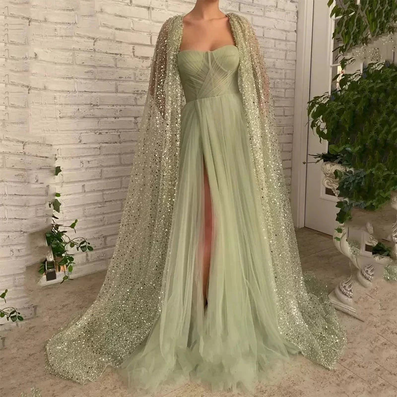 A Line Sweetheart Tulle Sage Long Slit Cape Wraps Prom Dresses