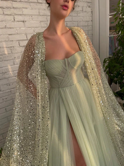 A Line Sweetheart Tulle Sage Long Slit Cape Wraps Prom Dresses