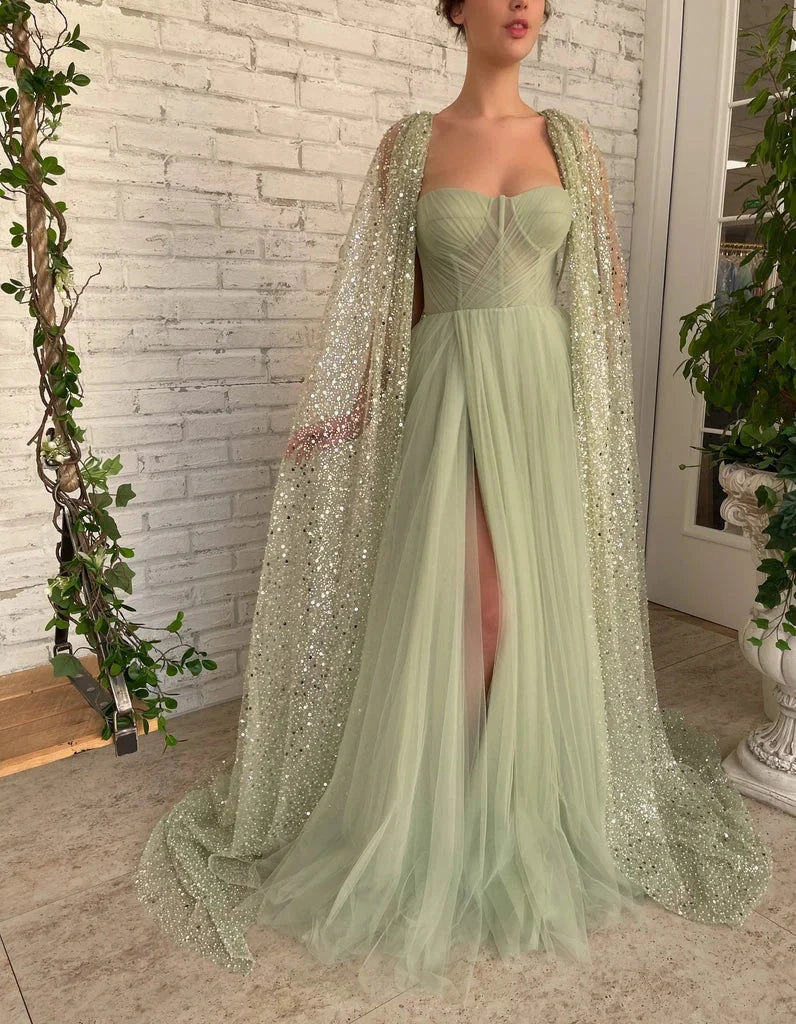 A Line Sweetheart Tulle Sage Long Slit Cape Wraps Prom Dresses