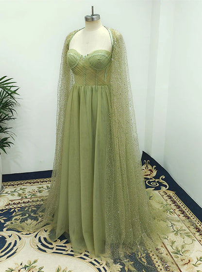 A Line Sweetheart Tulle Sage Long Slit Cape Wraps Prom Dresses