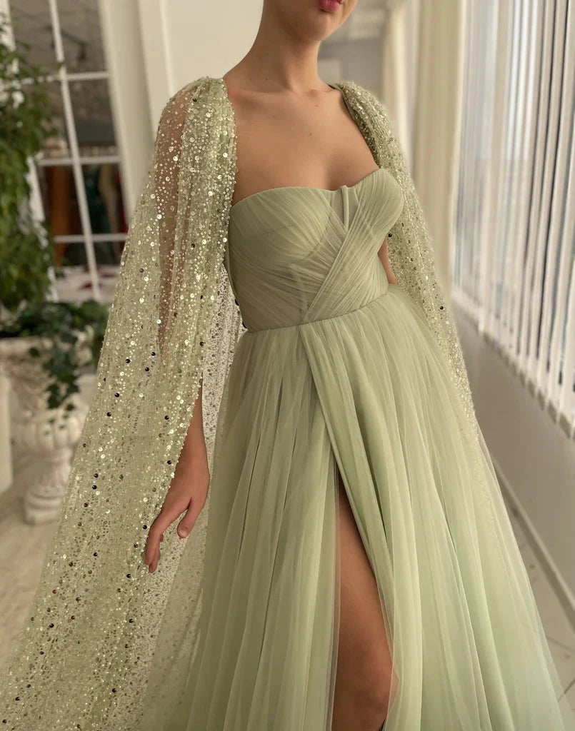 A Line Sweetheart Tulle Sage Long Slit Cape Wraps Prom Dresses