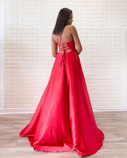 V-neck Backless Prom Dress Evening Gowns