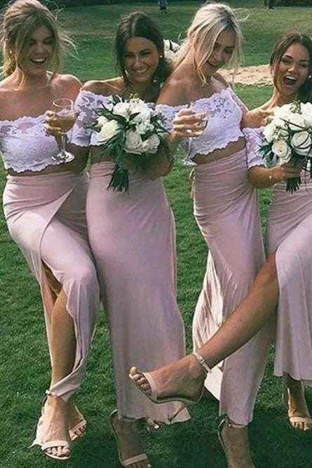 Chic Pink Short Sleeve Lace Side Slit Off the Shoulder Two Piece Bridesmaid Dresses