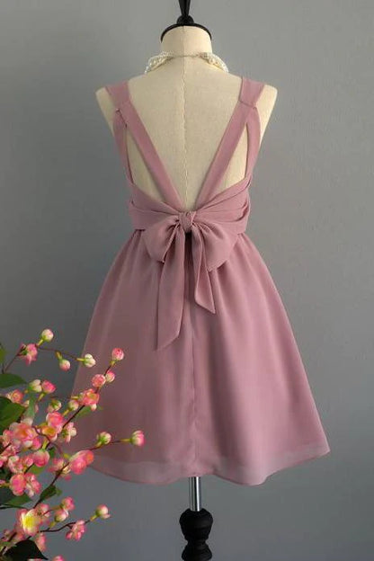 Chiffon Dusty Rose Backless A Line Homecoming Dresses Scoop Short Bridesmaid Dresses