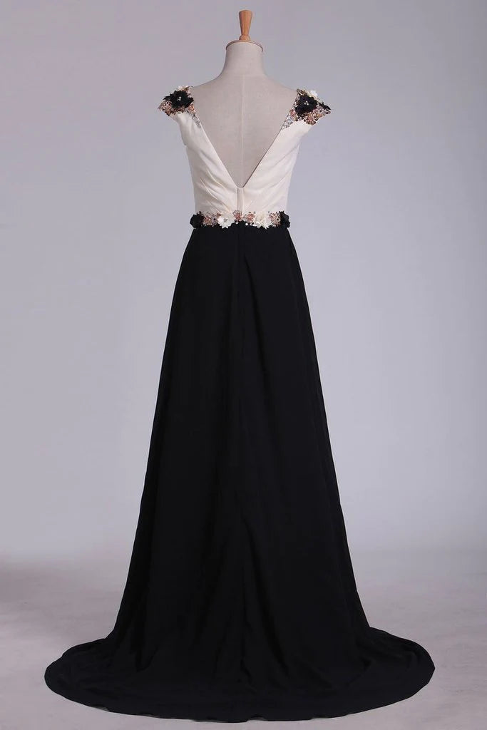 Chiffon Party Dresses Bateau Open Back With Beading Sweep Train