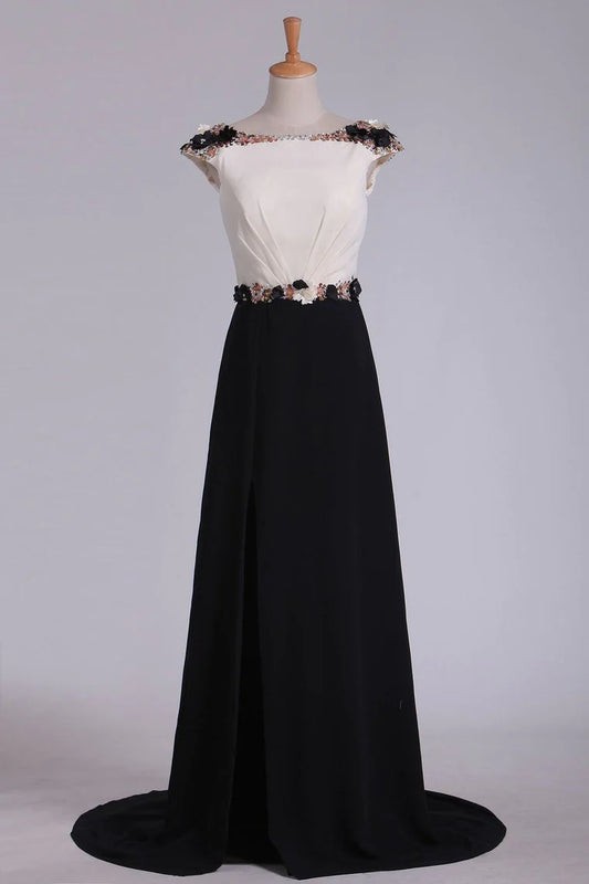 Chiffon Party Dresses Bateau Open Back With Beading Sweep Train