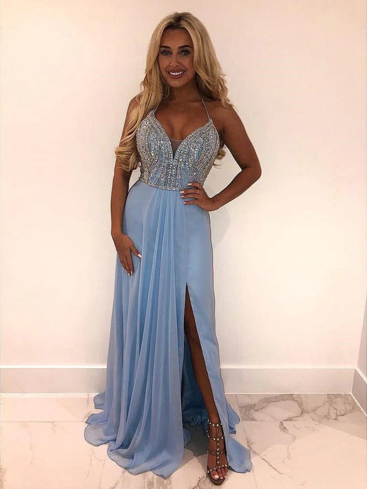 V Neck Beading Rhinestones Long Prom Dress With Straps