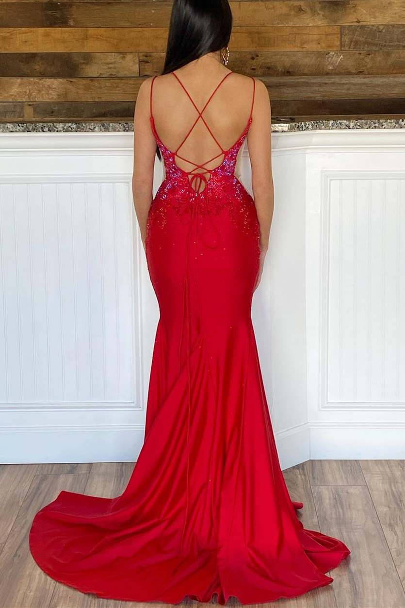 Classic Spandex Red Mermaid Spaghetti Straps Beaded Long Prom Dress with Slit