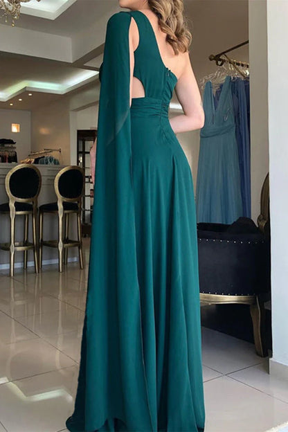 Classy One Shoulder Chiffon Sleeveless Long Prom Dresses With Split