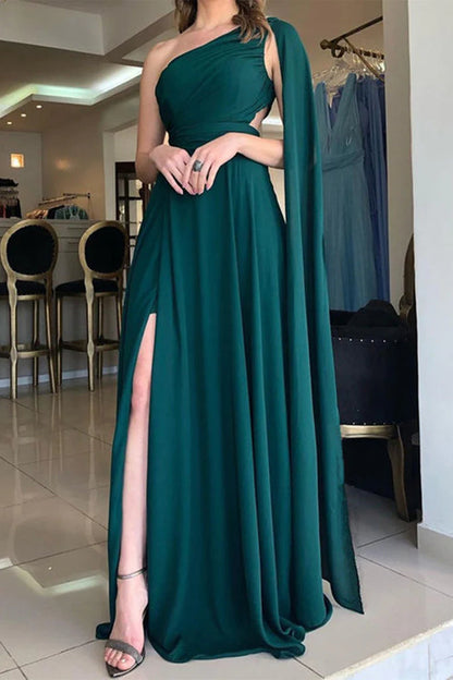 Classy One Shoulder Chiffon Sleeveless Long Prom Dresses With Split