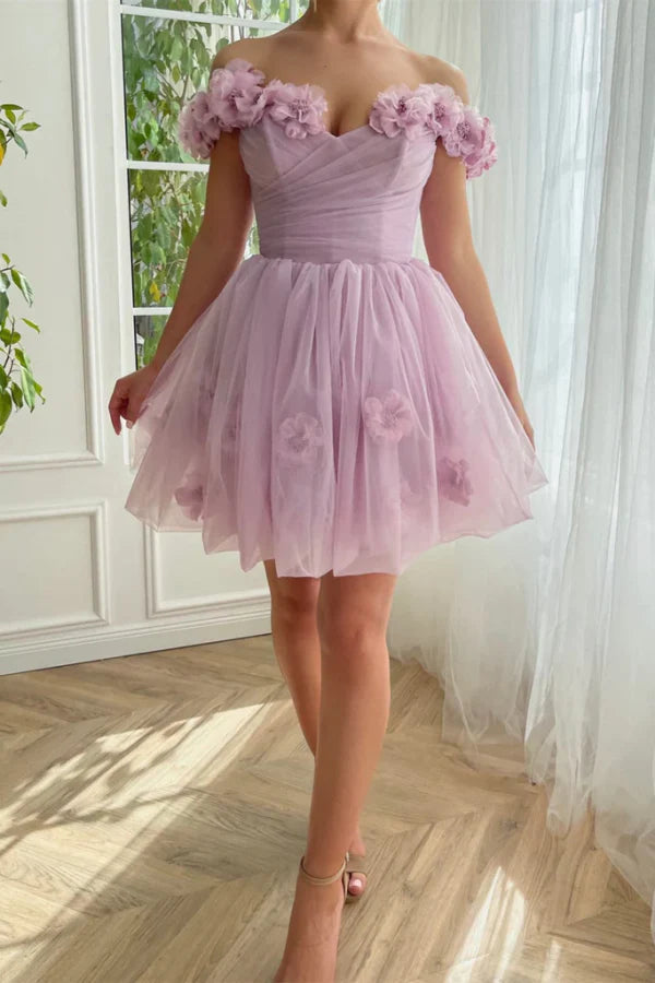 Cute A-Line Off The Shoulder Short Homecoming Graduation Dress With 3D Flower