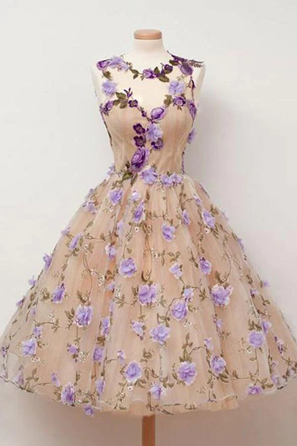 Cute A Line Round Neck Short Tulle Open Back Purple Flowers Homecoming Dresses