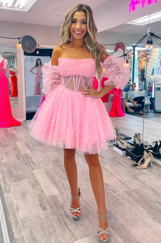 Cute A Line Sweetheart Lace up Strapless Tulle Homecoming Dress with Detachable Sleeves