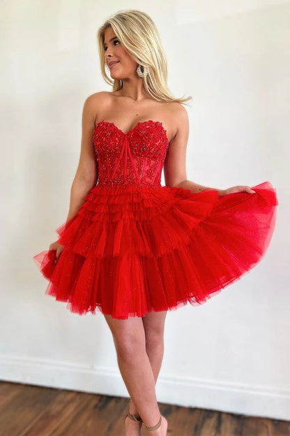 Cute A Line Tiered Sweetheart Tulle Short Homecoming Dresses with Ruffles