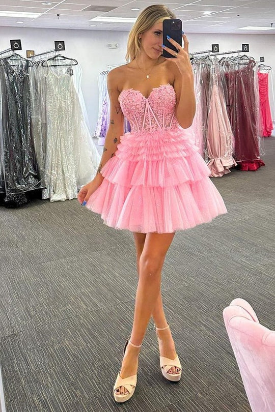 Cute A Line Tiered Sweetheart Tulle Short Homecoming Dresses with Ruffles