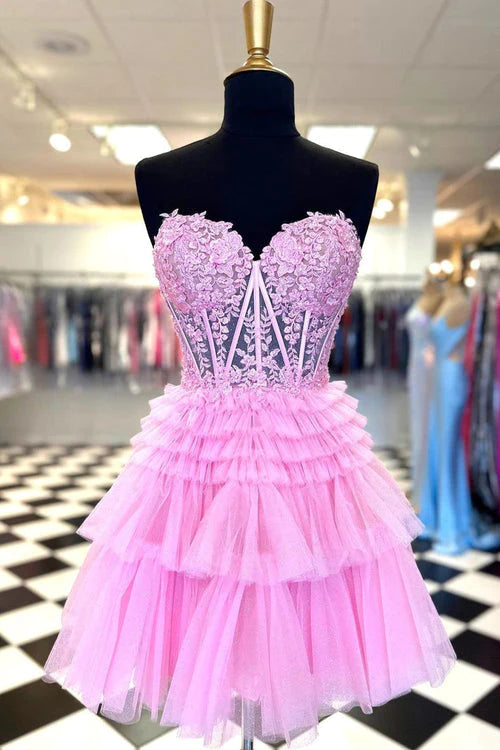 Cute A Line Tiered Sweetheart Tulle Short Homecoming Dresses with Ruffles