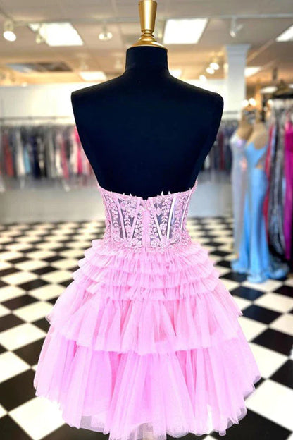 Cute A Line Tiered Sweetheart Tulle Short Homecoming Dresses with Ruffles