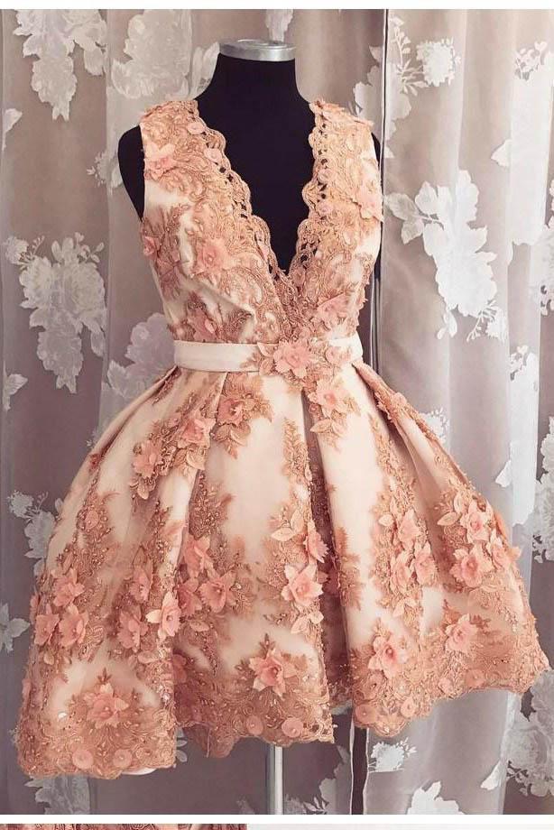 Cute A-line Deep-V Neck Lace Appliqued Short Cocktail Dress Beads Homecoming Dresses