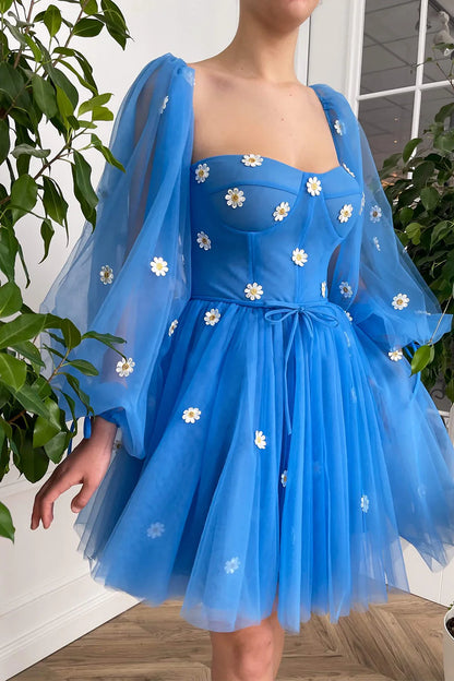 Cute Ball Gown Puffy Sleeve Flowers Embroidery Tulle Short Sweetheart Homecoming Dresses