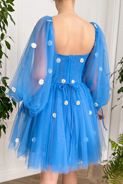 Cute Ball Gown Puffy Sleeve Flowers Embroidery Tulle Short Sweetheart Homecoming Dresses