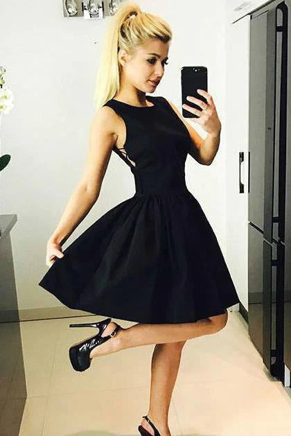 Cute Black Criss Cross Short Cocktail Dress Satin Above Knee Scoop Homecoming Dresses