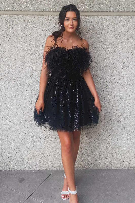 Cute Black Strapless Mini Homecoming Dresses Sequin Ccocktail Dress With Feather