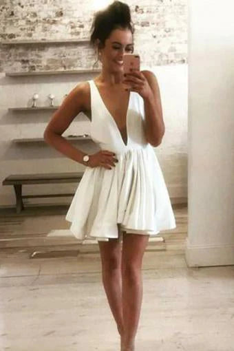 Cute Deep V Neck Satin Straps Ivory Backless Homecoming Dresses Short Cocktail Dresses